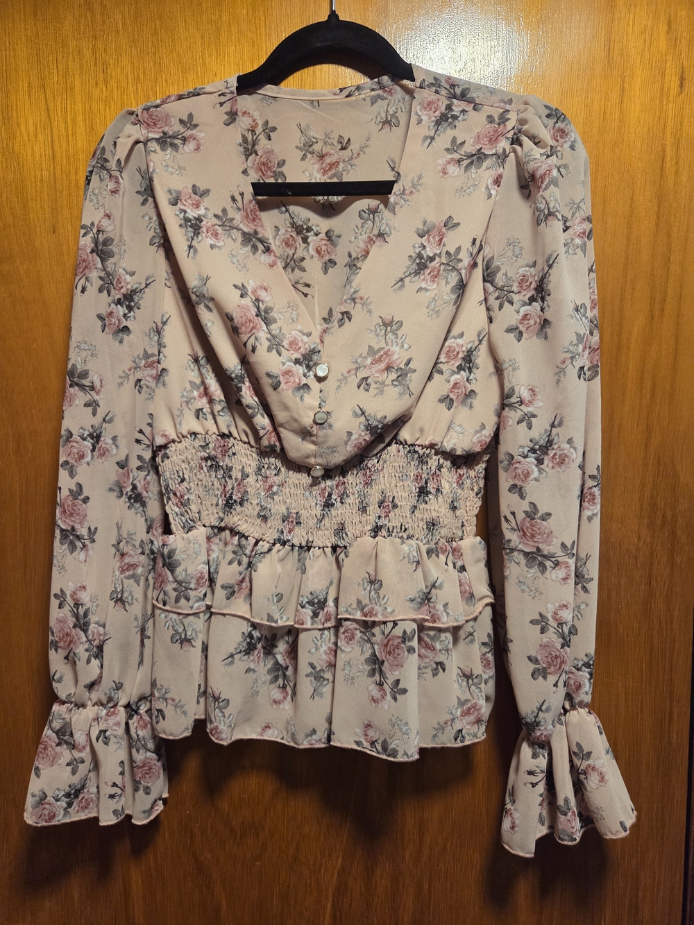 Source Unknown Pink Floral Smocked-Waist V-Neck Blouse